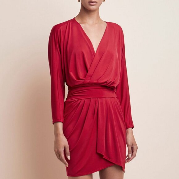 NWT Krisa Womens Red Long Sleeve Drape Skirt Surplice Mini Dress XS XSMALL - Picture 1 of 9